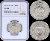 CYPRUS: 100 Mils (1963) in copper-nickel with shielded Arms within wreath and date above. Cyprus Mouflon facing left on reverse. Inside slab by NGC "M...