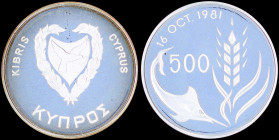 CYPRUS: 500 Mils (ND 1981) in silver (0,925) commemorating the World Food Day with shielded arms within wreath on obverse. Denomination divides swordf...