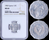 CYPRUS: 1/2 Cent (1983) in aluminum with shielded Arms within wreath, date below. Cyclamen, denomination at right on reverse. Inside slab by NGC "MS 6...