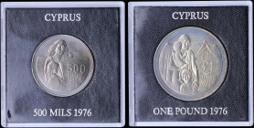 CYPRUS: Set of 500 Mils (1976) + 1 Pound (1976) in copper-nickel commemorating the Refugees. Inside their official cases of issue. (KM 45 + 46) & (Fit...