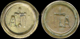 GREECE: Brass token maybe issued by the church Agios Nikolaos in Karlovasi of Samos. Embossed inscription "ΑΝ" with a cross above it on obverse. Diame...