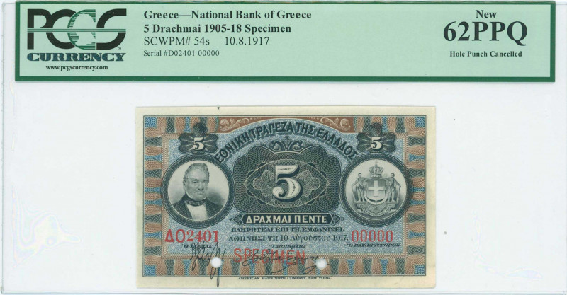 GREECE: Specimen of 5 Drachmas (10.8.1917) in black on blue and brown unpt with ...