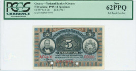 GREECE: Specimen of 5 Drachmas (10.8.1917) in black on blue and brown unpt with portrait of G Stavros at left and Arms of King George I at right. Red ...