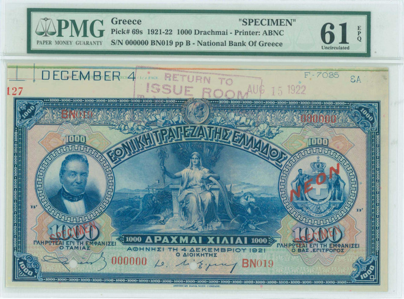 GREECE: Upper marginal specimen of 1000 Drachmas (4.12.1921) in blue on multicol...