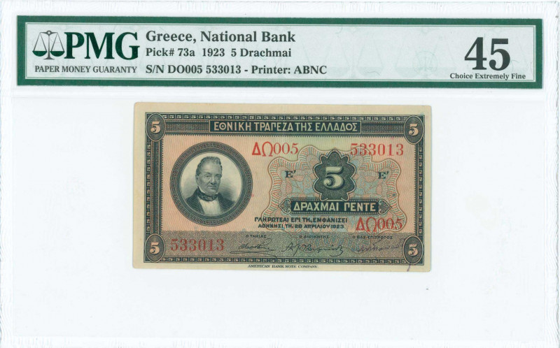 GREECE: 5 Drachmas (28.4.1923) in black on green and multicolor unpt with portra...