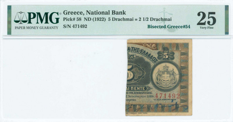 GREECE: 1/2 right part of 5 Drachmas (2.1.1918) (bisected Hellas #52da) of 1922 ...