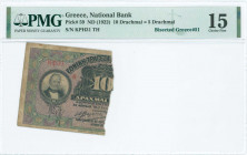 GREECE: 1/2 left of 10 Drachmas (8.1.?) (bisected Hellas #53) of 1922 Emergency Loan. Signature by Valaoreitis. Inside holder by PMG "Choice Fine 15"....