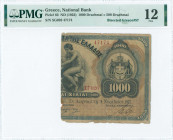 GREECE: 1/2 right part of 1000 Drachmas (4.11.1917) (bisected Hellas #61) of 1922 Emergency Loan. Five-digit radar S/N: "ΣΓ026 47174". Signature by Za...