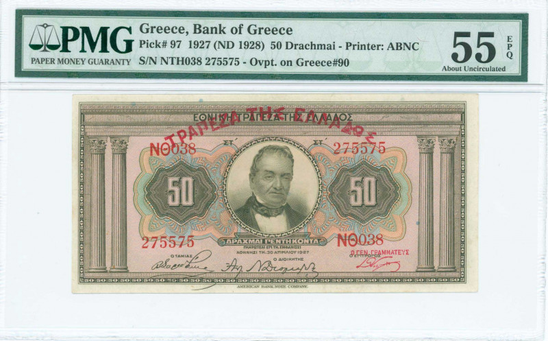 GREECE: 50 Drachmas (ND 1929 / old date 30.4.1927) in light brown on multicolor ...