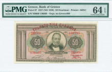 GREECE: 50 Drachmas (ND 1929 / old date 24.5.1927) in light brown on multicolor unpt with portrait of G Stavros at center. Red ovpt "ΤΡΑΠΕΖΑ ΤΗΣ ΕΛΛΑΔ...