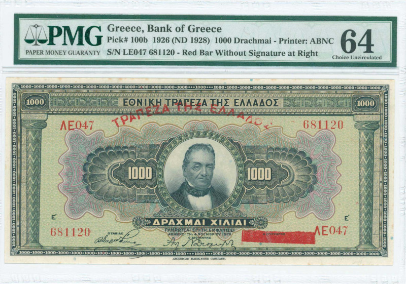 GREECE: 1000 Drachmas (ND 1928 / old date 4.11.1926) in black on green and multi...