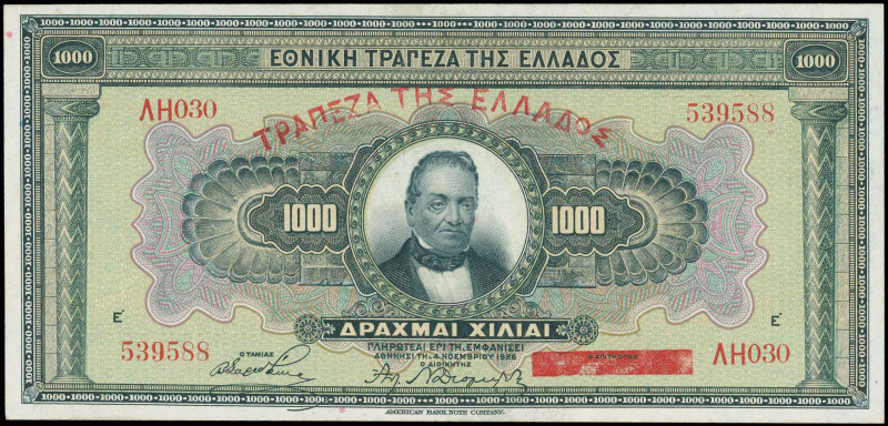 GREECE: 1000 Drachmas (ND 1928 / old date 4.11.1926) in black on green and multi...