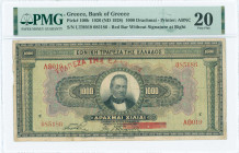GREECE: 1000 Drachmas (ND 1928 / old date 4.11.1926) in black on green and multicolor unpt with portrait of G Stavros at center. Red ovpt "ΤΡΑΠΕΖΑ ΤΗΣ...