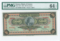 GREECE: 500 Drachmas (1.10.1932) in multicolor with Goddess Athena at center. S/N: "BZ002 974462". Printed by ABNC. Inside holder by PMG "Choice Uncir...