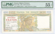 GREECE: 100 Drachmas (1.9.1935) in multicolor with Hermes at center. S/N: "AM088 219737". WMK: Goddess Demeter. Printed in France. Inside holder by PM...