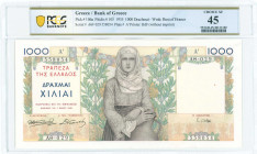 GREECE: 1000 Drachmas (1.5.1935) in multicolor with young girl wearing traditional costume from Spetses at center. S/N: "AΘ029 558054". WMK: God Posei...