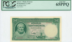 GREECE: 50 Drachmas (1.1.1939) in green with Hesiod at left and the White Tower of Thessaloniki at bottom right center. Red S/N: "Ξ-011 920903". WMK: ...