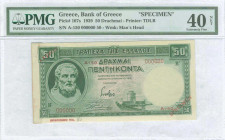 GREECE: Specimen of 50 Drachmas (1.1.1939) in green with Hesiod at left. Red ovpt "SPECIMEN" and "ΑΚΥΡΟΝ" at bottom right and top left corner respecti...