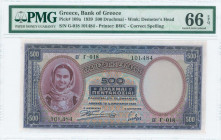 GREECE: 500 Drachmas (1.1.1939) in lilac and blue with girl in traditional costume at left. S/N: "Γ-018 101484". WMK: Goddess Demeter. Printed by BWC ...