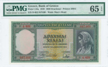 GREECE: 1000 Drachmas (1.1.1939) in green with girl in traditional Athenian costume at right. S/N: "Δ-052 947460". WMK: Archaic head. Printed by BWC (...