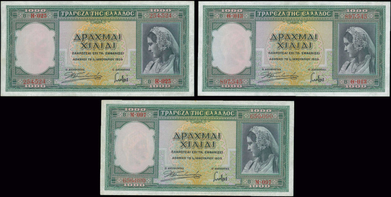 GREECE: 3x 1000 Drachmas (1.1.1939) in green with girl in traditional Athenian c...