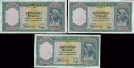 GREECE: 3x 1000 Drachmas (1.1.1939) in green with girl in traditional Athenian costume at right. WMK: Archaic head. Printed by BWC (without imprint). ...