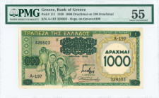 GREECE: 1000 Drachmas on 100 Drachmas (1939) in green and yellow with two young girls carrying a sheaf of wheat and an amphora at left. S/N: "A-197 32...