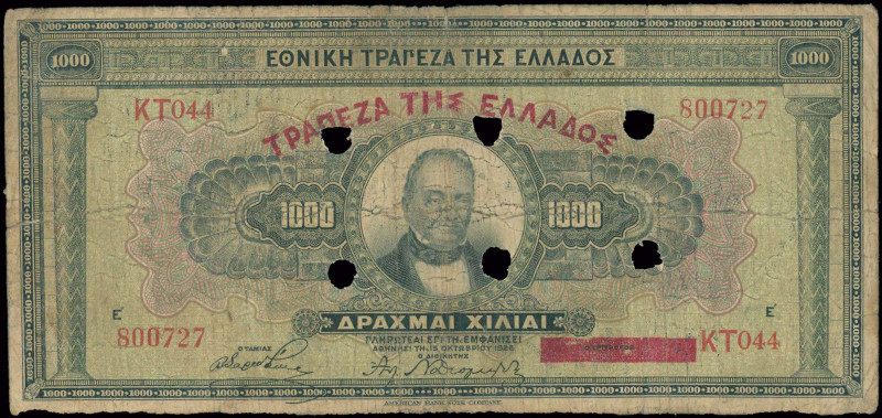 GREECE: 1000 Drachmas (15.10.1926) of 1941 Emergency re-issue cancelled banknote...