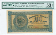 GREECE: 1000 Drachmas (1.10.1941) in blue and brown with coin with Alexander the Great at left. Suffix S/N: "001890 ΓΗ". Title of back without backgro...