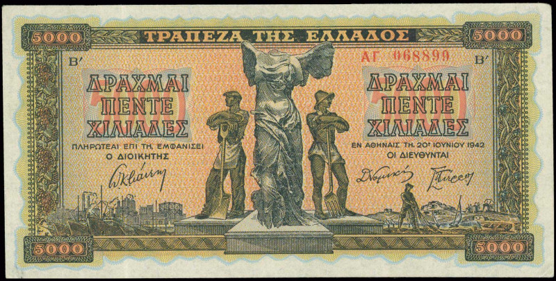 GREECE: 5000 Drachmas (20.6.1942) in black on orange, blue and green unpt with s...