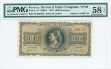 GREECE: 1000 Drachmas (21.8.1942) in black on blue and orange unpt with girl in traditional costume from Thasos at center. Prefix S/N: "ΠΤ 260459" of ...