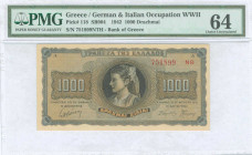 GREECE: 1000 Drachmas (21.8.1942) in black on blue and orange unpt with girl in traditional costume from Thassos at center. Suffix S/N: "751899 NΘ" of...