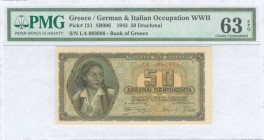 GREECE: 50 Drachmas (1.2.1943) in brown on blue and orange unpt with girl in traditional costume at left. S/N: "ΛΑ 093088". Printed in Athens. Inside ...