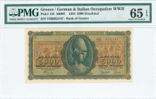 GREECE: 5000 Drachmas (19.7.1943) in green and brown with Goddess Athena at center. Prefix S/N: "ΘΒ 923147" of 3,5mm height. Printed in Athens. Inside...