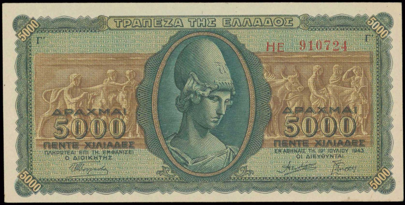 GREECE: 5000 Drachmas (19.7.1943) in green and brown with Goddess Athena at cent...