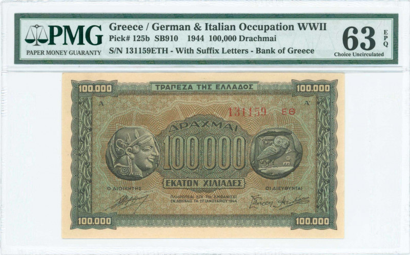 GREECE: 100000 Drachmas (21.1.1944) in black on brown, blue and green underprint...