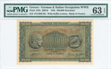 GREECE: 100000 Drachmas (21.1.1944) in black on brown, blue and green underprint with ancient Athenian coin of 4 Drachmas at left and right. Suffix S/...