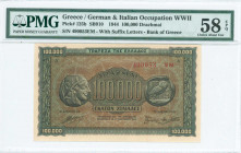 GREECE: 100000 Drachmas (21.1.1944) in black on brown, blue and green underprint with ancient Athenian coin of 4 Drachmas at left and right. Suffix S/...