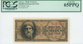 GREECE: 500000 Drachmas (20.3.1944) in black on brown unpt with God Zeus at left. Prefix S/N: "ΒΨ 426368" of 4,5mm height. Printed in Athens. Inside h...