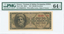 GREECE: 500000 Drachmas (20.3.1944) in black on brown underprint with God Zeus at left. Suffix S/N: "926605 ΕΦ" of height 4,5mm. Printed in Athens. In...
