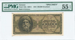 GREECE: Final proof of 500000 Drachmas (20.3.1944) in black on brown unpt with God Zeus at left. Two black diagonal stripes. Printed in Athens. Inside...