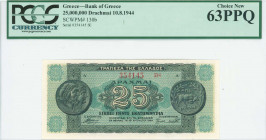 GREECE: 25 million Drachmas (10.8.1944) in dark green and green with ancient coin from Dodoni at left and right. Suffix S/N "354145 ΞΗ" of 4,5mm heigh...
