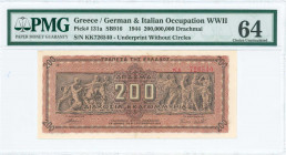 GREECE: 200 million Drachmas (9.9.1944) in brown on dark orange unpt with Panathenea detail from Parthenon frieze center. Prefix S/N: "KK 726540" of 3...
