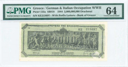 GREECE: 2 billion Drachmas (11.10.1944) in black on light green underprint with Panathenea detail from Parthenon frieze. Prefix S/N: "KE 215697" of 3,...