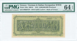 GREECE: 2 billion Drachmas (11.10.1944) in black on light green underprint with Panathenea detail from Parthenon frieze. Suffix S/N: "200897 ΕΠ" of 3,...
