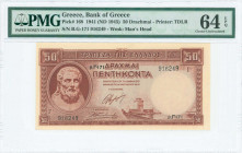 GREECE: 50 Drachmas (ND 1945 / old date 1.1.1941) in red with Hesiod at left. S/N: "β.Γ-171 916249". WMK: Goddess Athena. WMK: Goddess Athena. Printed...