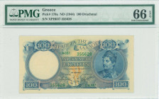 GREECE: 100 Drachmas (ND 1944) in deep blue on blue and gold unpt with Kanaris at right. S/N: "ζ.Φ-037 355628". WMK: Themistocles. Printed by W&S (wit...