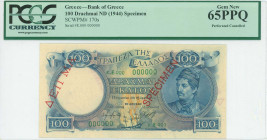 GREECE: Specimen of 100 Drachmas (ND 1944) in deep blue on blue and gold unpt with Kanaris at right. S/N: "ε.Ε-000 000000". Red diagonal ovpts "ΔΕΙΓΜΑ...