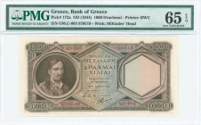 GREECE: 1000 Drachmas (ND 1944) in dark brown on blue and brown unpt with Theodoros Kolokotronis at left. First type S/N: "o.X-003 870519". WMK: Milti...