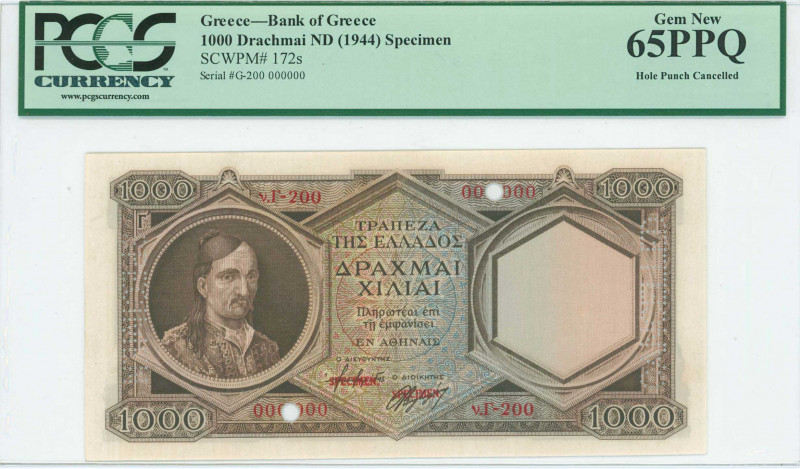 GREECE: Specimen of 1000 Drachmas (ND 1944) in dark brown on blue and brown unpt...